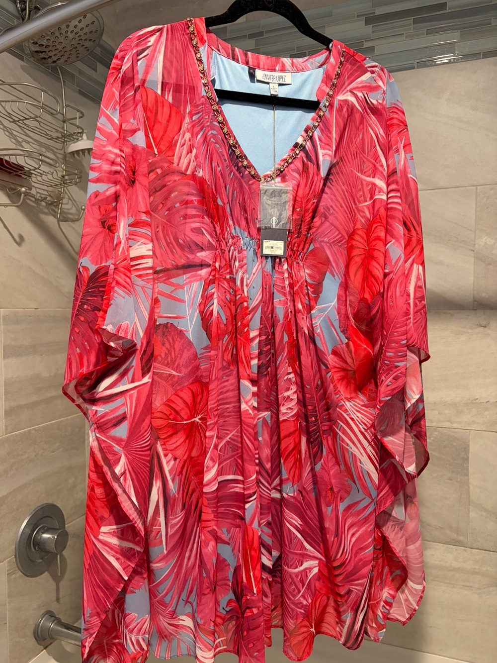Jennifer Lopez Red Tropical Print dress with jeweled neckline.  Size L.